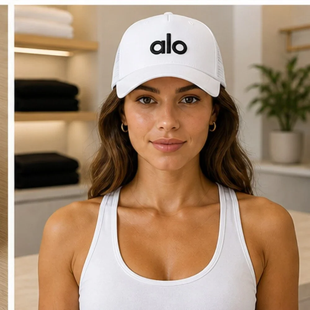 ALO Yoga White Black Everyday Mesh Trucker Cap Hat OS